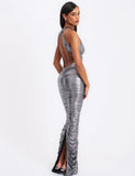 ABRIL RUCHED SILVER GLITTER BACKLESS DRESS