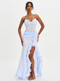 LACY BLUE RUCHED CHIFFON DRESS