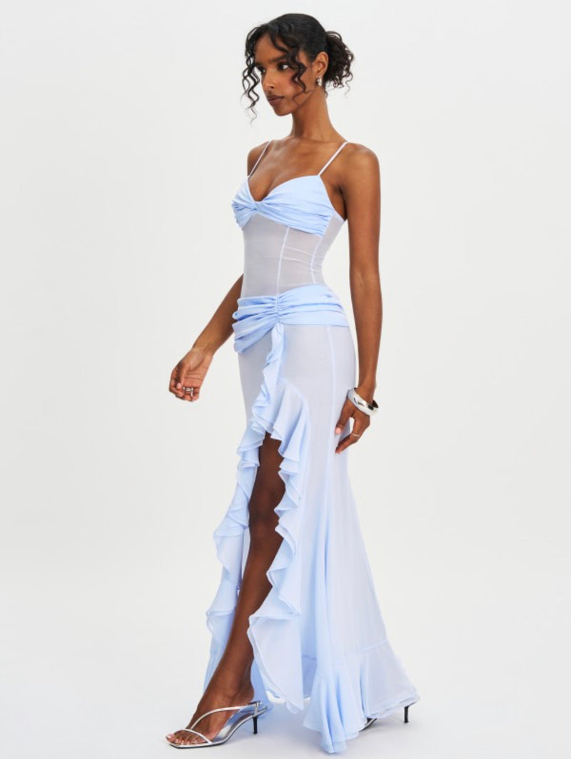 LACY BLUE RUCHED CHIFFON DRESS