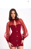 TABITHA BURGUNDY LANTERN SLEEVE MINI DRESS
