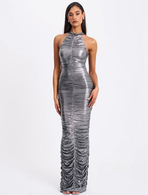 ABRIL RUCHED SILVER GLITTER BACKLESS DRESS