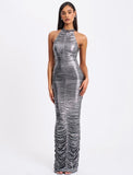 ABRIL RUCHED SILVER GLITTER BACKLESS DRESS