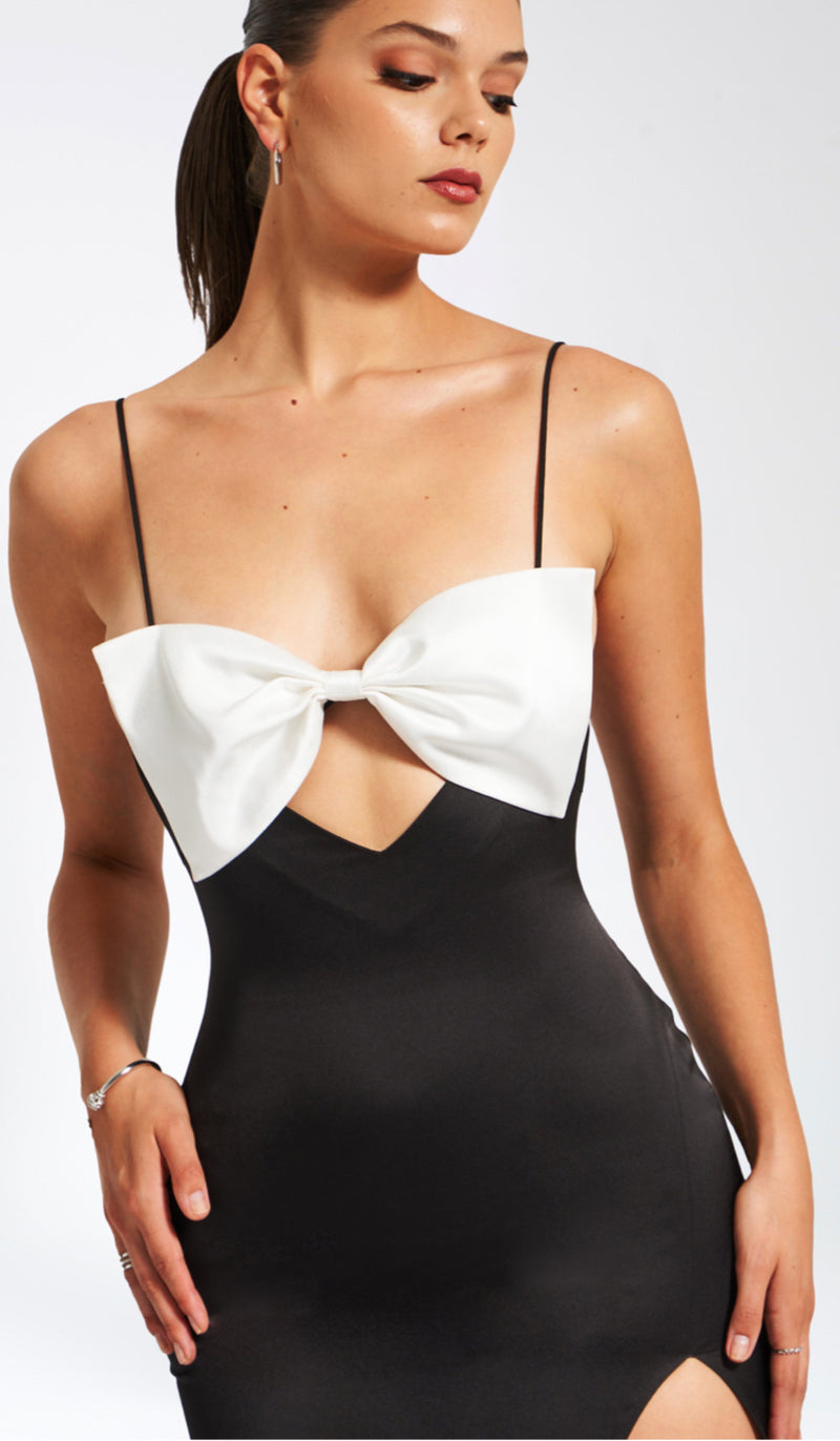 ELEANOR BLACK AND WHITE BOW SATIN GOWN
