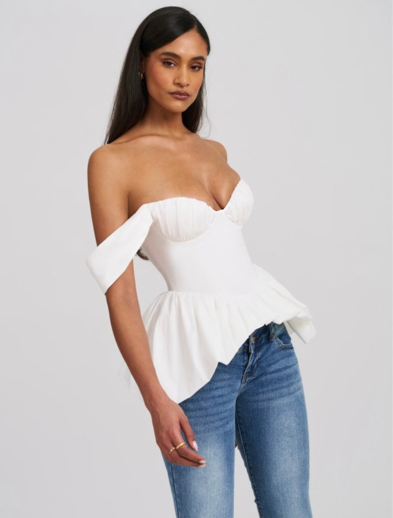 QISTINA WHITE OFF-SHOULDER PEPLUM TOP