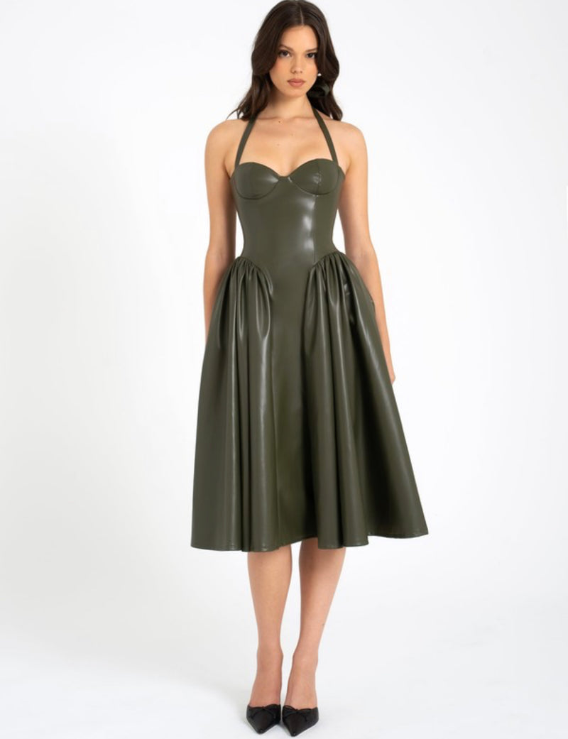 ELIANA OLIVE VEGAN LEATHER DRESS