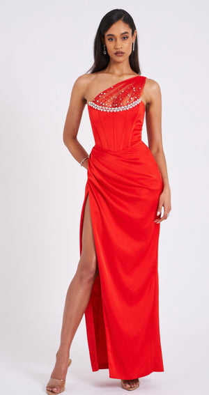 RED CRYSTAL MESH GOWN