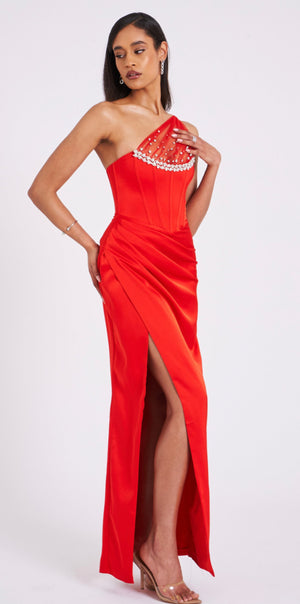 RED CRYSTAL MESH GOWN