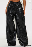 BLACK OVERSIZED TEXTURED VEGAN LEATHER PANTS