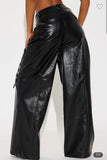 BLACK OVERSIZED TEXTURED VEGAN LEATHER PANTS