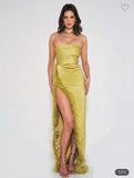 OLIVE FEATHER HIGH SLIT GOWN