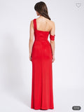 RED MESH EMBELLISHED HIGH SLIT GOWN