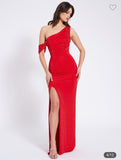 RED MESH EMBELLISHED HIGH SLIT GOWN