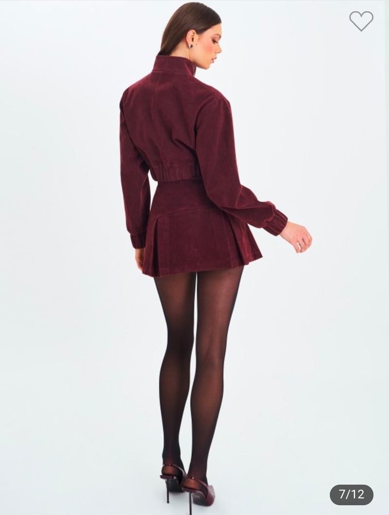 BURGUNDY VEGAN SUEDE CROPPED BOMBER JACKET SET