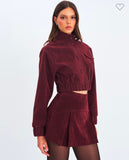 BURGUNDY VEGAN SUEDE CROPPED BOMBER JACKET SET