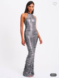 SILVER RUCHED BACKLESS DRESS