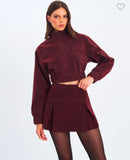 BURGUNDY VEGAN SUEDE CROPPED BOMBER JACKET SET