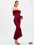 LONG SLEEVE CROCHET WINE COLOR MAXI DRESS