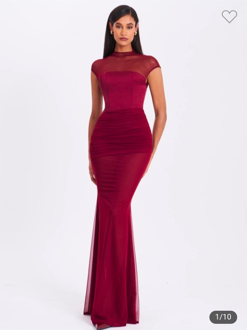 BURGUNDY MESH MERMAID STYLE DRESS