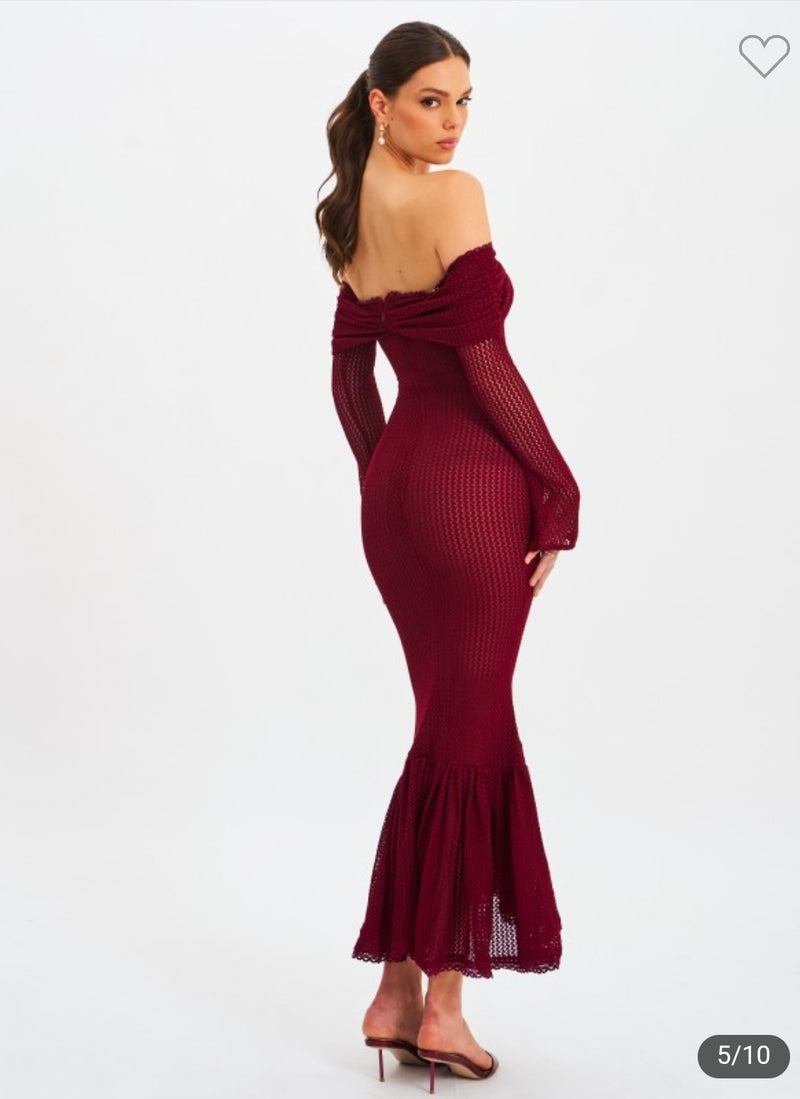 LONG SLEEVE CROCHET WINE COLOR MAXI DRESS