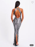 SILVER RUCHED BACKLESS DRESS