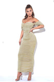 OFF THE SHOULDER DRIPPING IN GOLD MESH DRESS